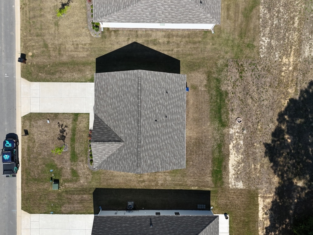 Satellite view of a rooftop during a general home inspection in Brantley Place, Sanford, NC, performed by Realm Inspections to assess roofing condition and integrity.
